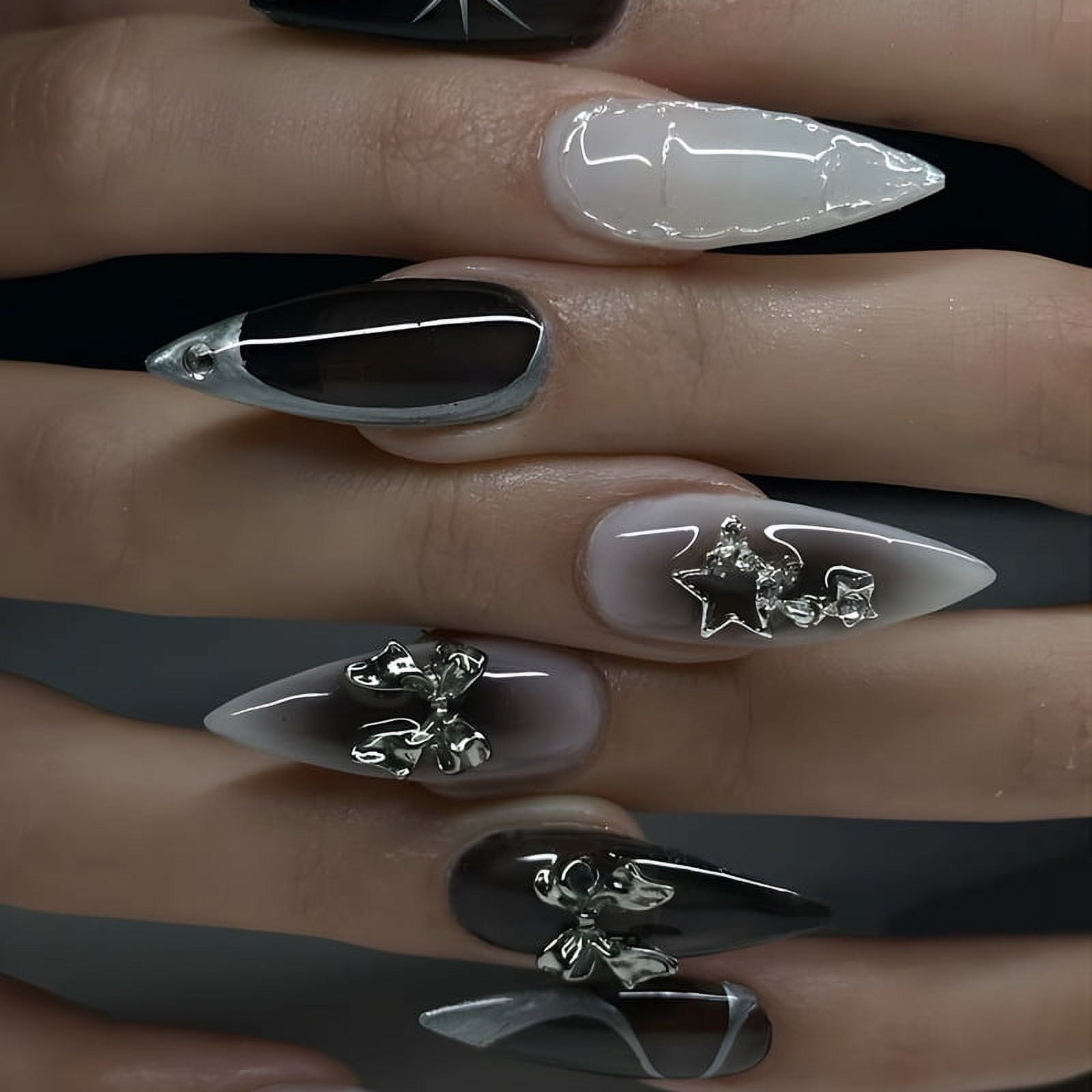24pcs Y2k Cool Girl Fake Nails Sliver Star Almond False Nails Wearable Detachable 3D Butterfly Press on Nail Tips for Girl Women