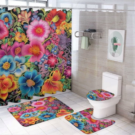 Colorful Flowers 4 Piece Bathroom Shower Curtain Sets with Rugs Toilet Lid Cover And Bath Mat Colorful Bohemian Flower Waterproof Durable Bathroom Decor Shower for Bathtub Decor