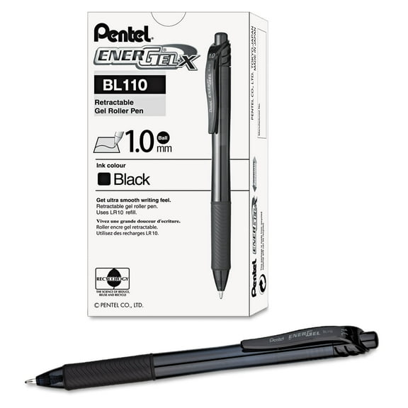 Pentel EnerGel-X Retractable Roller Gel Pen 1mm Trans Black Barrel Black Ink Dozen BL110A