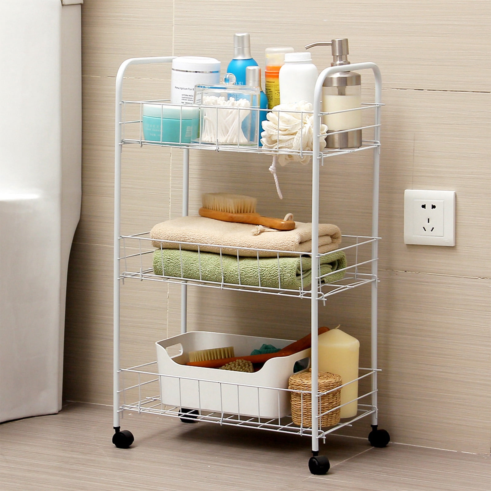 White Metal Three-tier Cart for Household Kitchen Spices Fruit Vegetables Compartmentalized Storage, 24.8x14.17x9.45in Iron Storage Basket with Removable Shelves and 360 Swivel Wheels