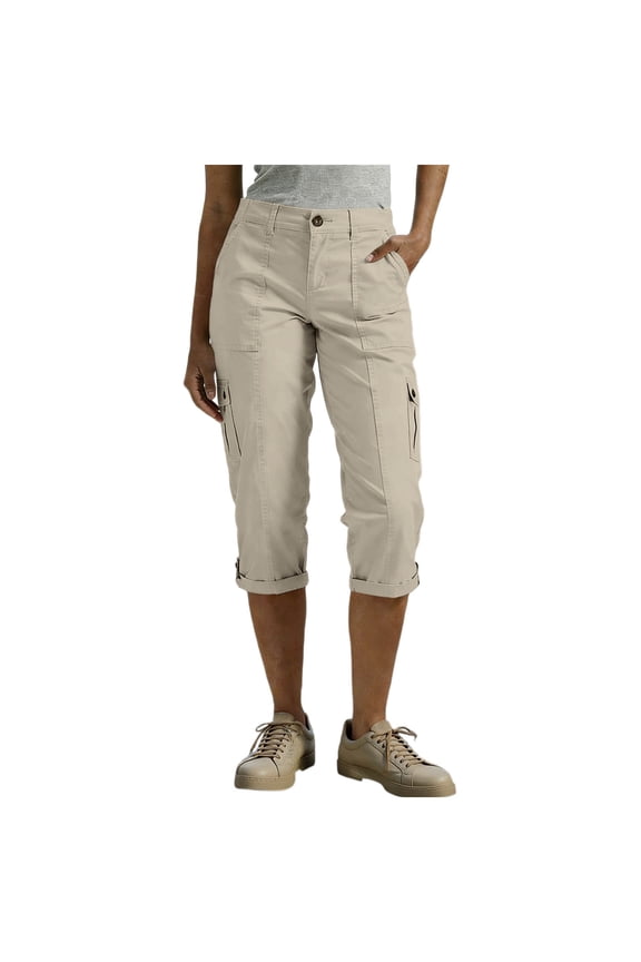 Women's Button Waist Multi Pocket Cargo Capri Pants, Cuffed Breathable for Hiking Outdoor Daily Commute Beige XXL
