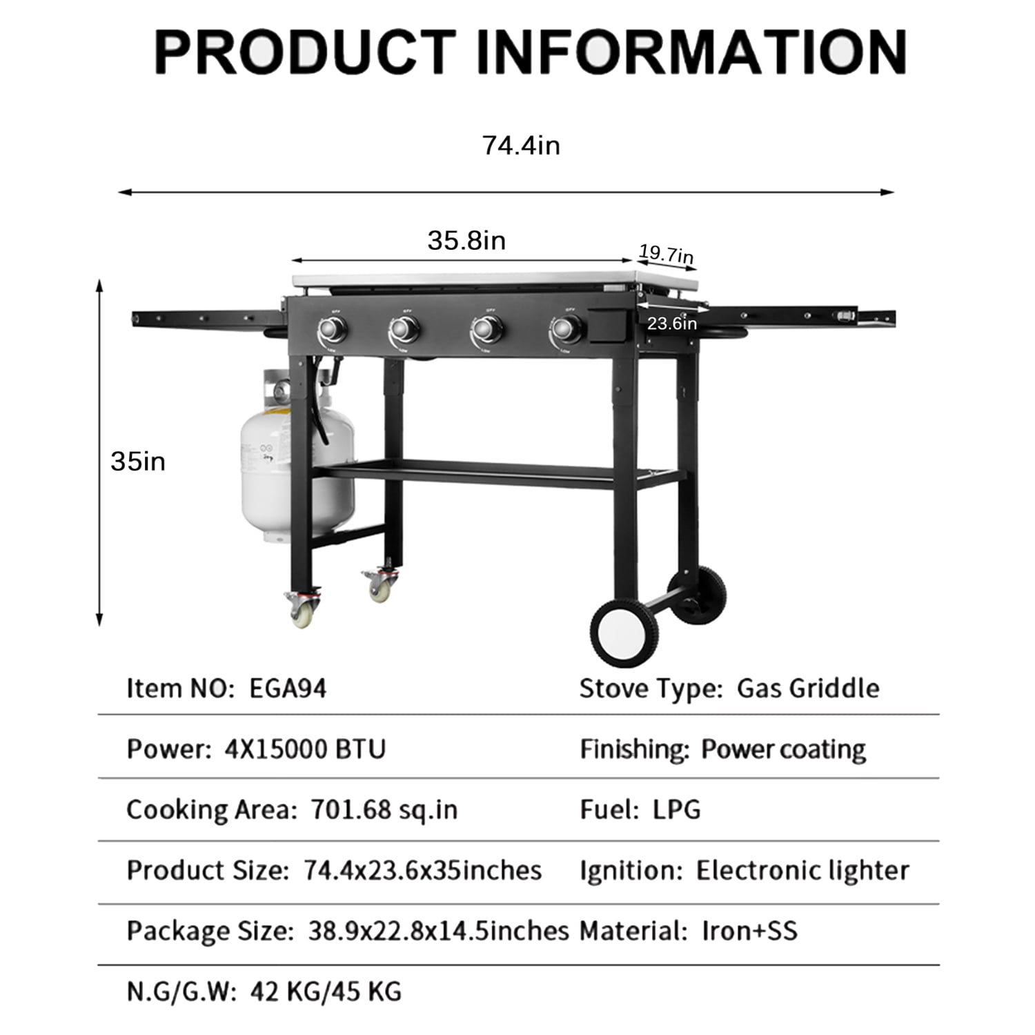 Biotree 60000BTU 4 Burner Foldable Outdoor Propane Gas Grill , Black