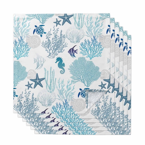 Blue Coastal Coral Cloth Napkins, Summer Ocean Sea Turtle Seahorse Washable and Reusable Dinner Napkins Set of 6, Table Napkin for Kitchen Party Birthday Wedding Hotel Housewarming 20"x20"