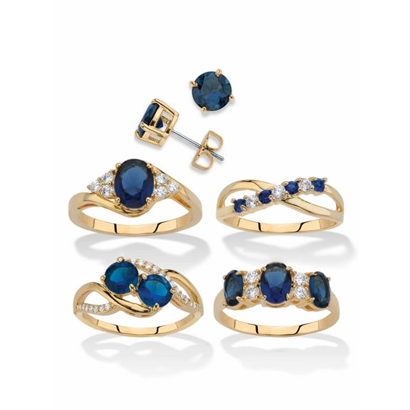 PalmBeach Jewelry Round and Oval-Cut Simulated Blue Sapphire and Cubic Zirconia 5-Piece Stud Earrings and Ring Set 9.42 TCW Gold-Plated
