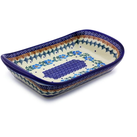 

Polish Pottery 9¾-inch Platter with Handles (Blue Cornflower Theme) Hand Painted in Boleslawiec Poland + Certificate of Authenticity