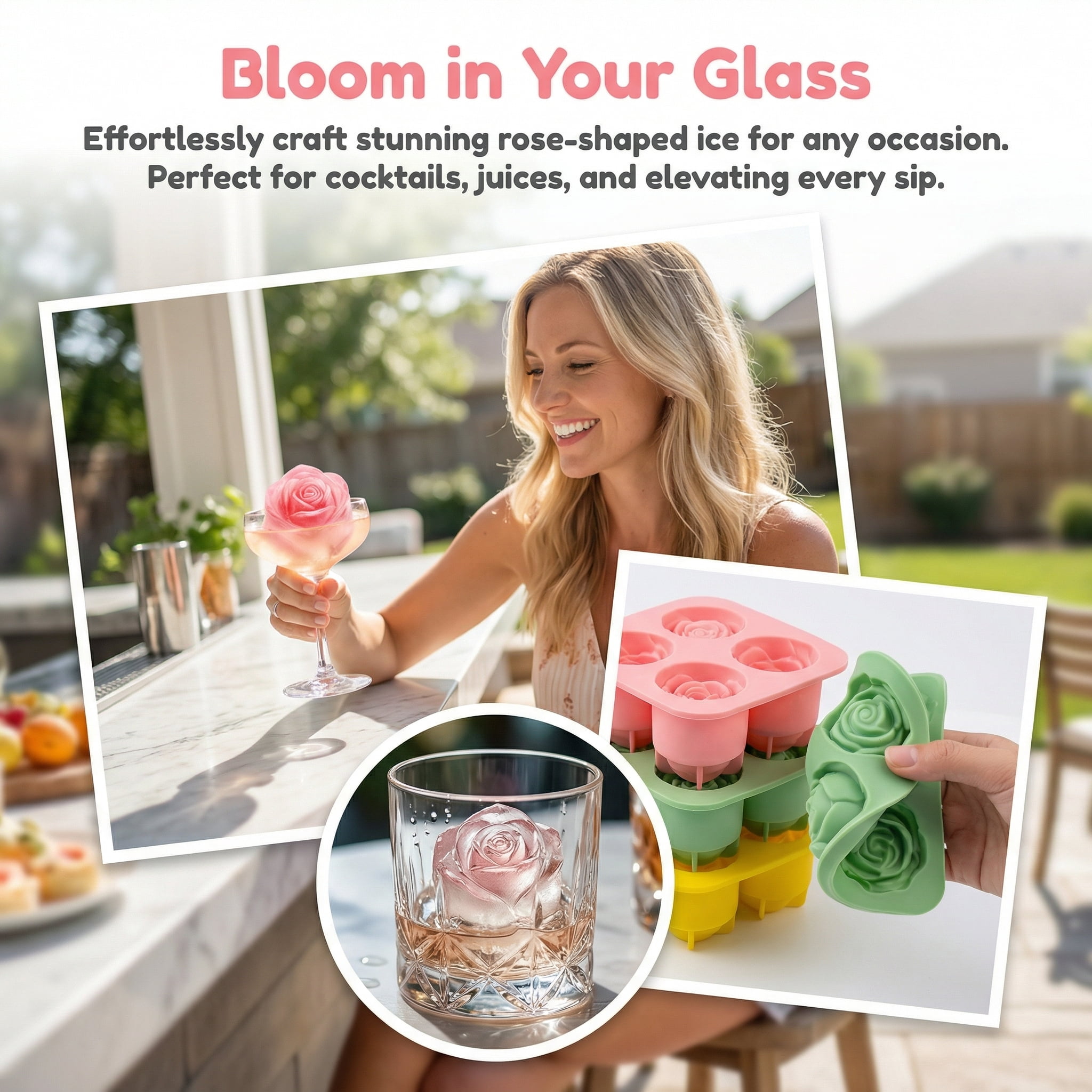 4 Pcs Silicone Rose Ice Cube Mold with Covers Fun Shapes Flower Ice Cube Mold Trays Maker 9 Cavity Easy Release Form for Whiskey Bourbon Cocktails（Black+Yellow+Green+Pink）