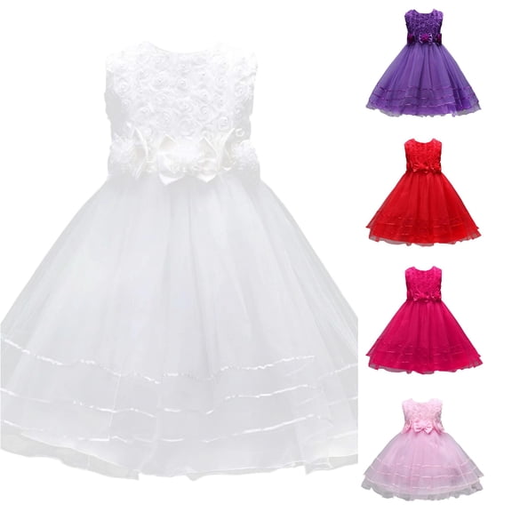 WAYUTE Flower Girl Dress Kids Sleeveless Crewneck Mesh Floral Princess Dress with Bow Design for Toddler Baby Birthday Party,White