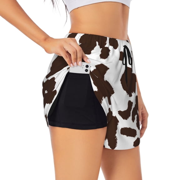 Qokaie Brown Cow Printed Women's Running Short Elastic Waistband High Waisted Short Pocket Sporty Workout Short Gym Athletic Short Pant-Small