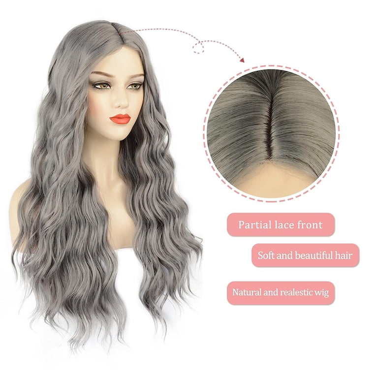 Long Wavy Gray Wig Lacefront Wig 28 inches!! 28 inch Silver Gray Lace Front Wig Long Body Wave Synthetic  main image 2