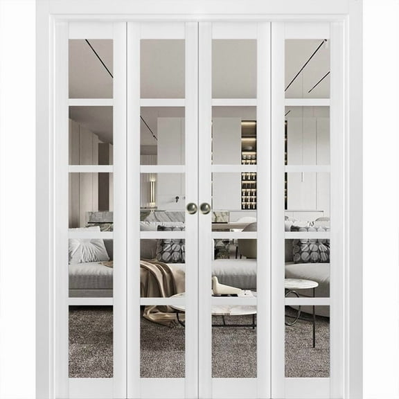 Sliding Closet Double Bi-fold Doors | Quadro 4522 White Silk with Clear Glass