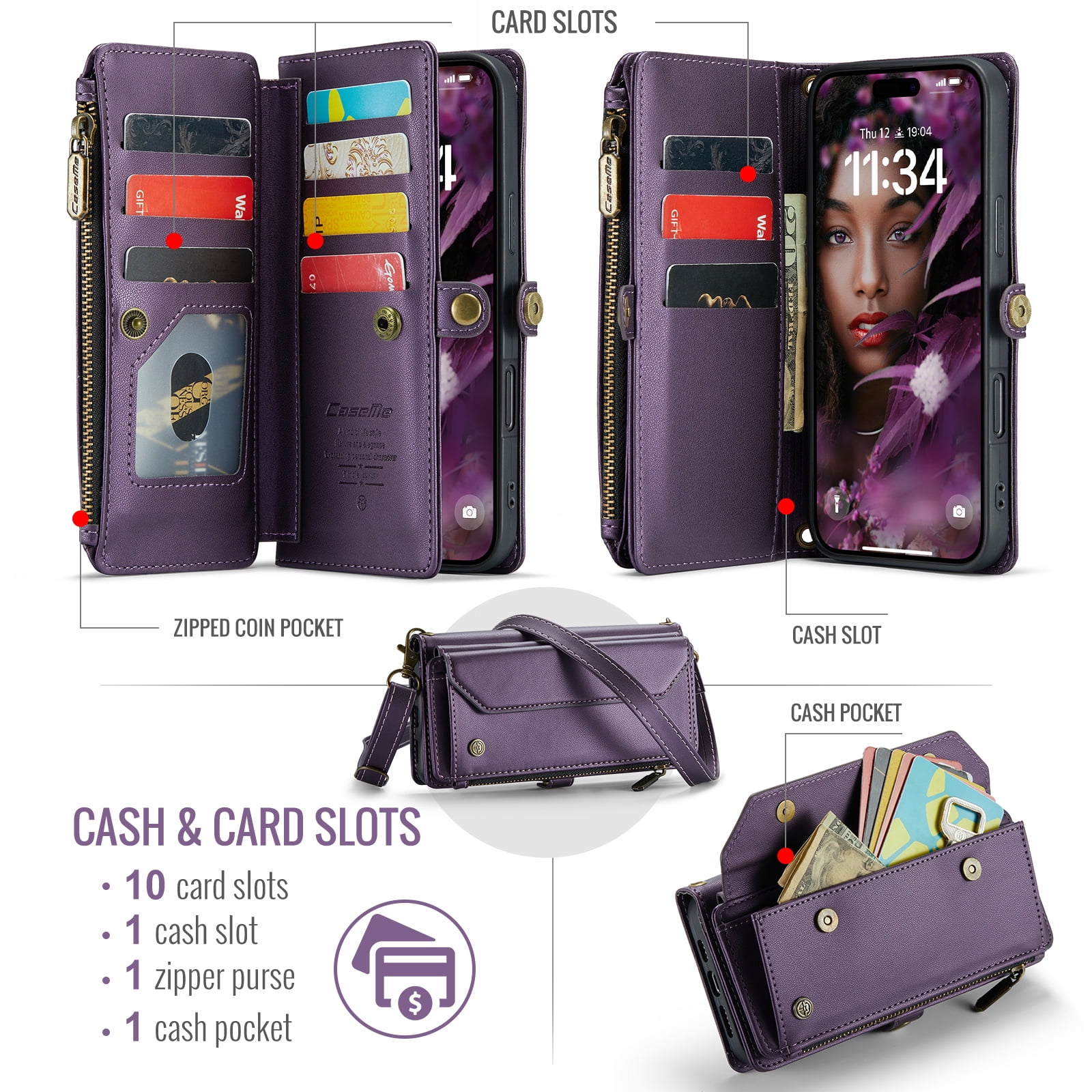 for iPhone 17 Pro Max Full Body Protection Wallet Folio Flip Case, Shoulder Strap & Wristlet Card Slots Zipper Pocket RFID Blocking Rugged Durable PU Leather Phone Case Cover, Purple