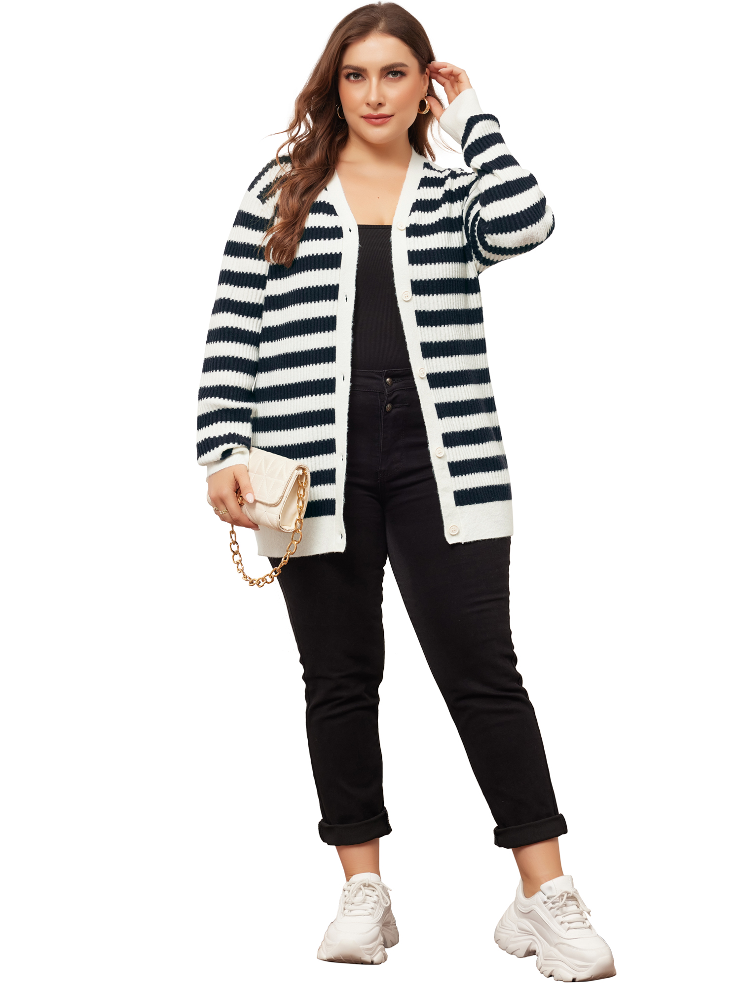 DARING DIVA Plus Size Button Down Open Front Long Sleeve Striped Sweater 2X Blue