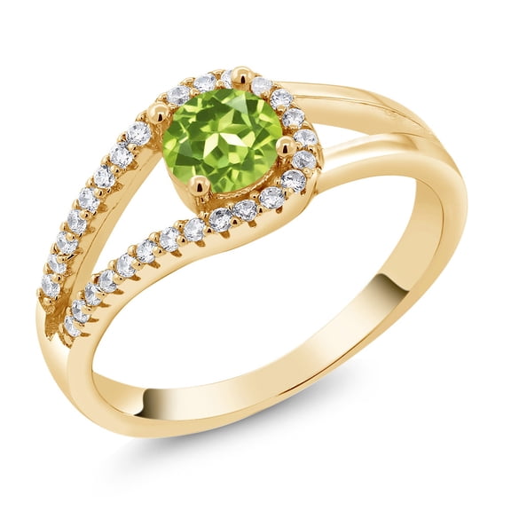 Gem Stone King Round Green Peridot 0.95 Ct 18K Yellow Gold Plated Silver Ring (Size 7)