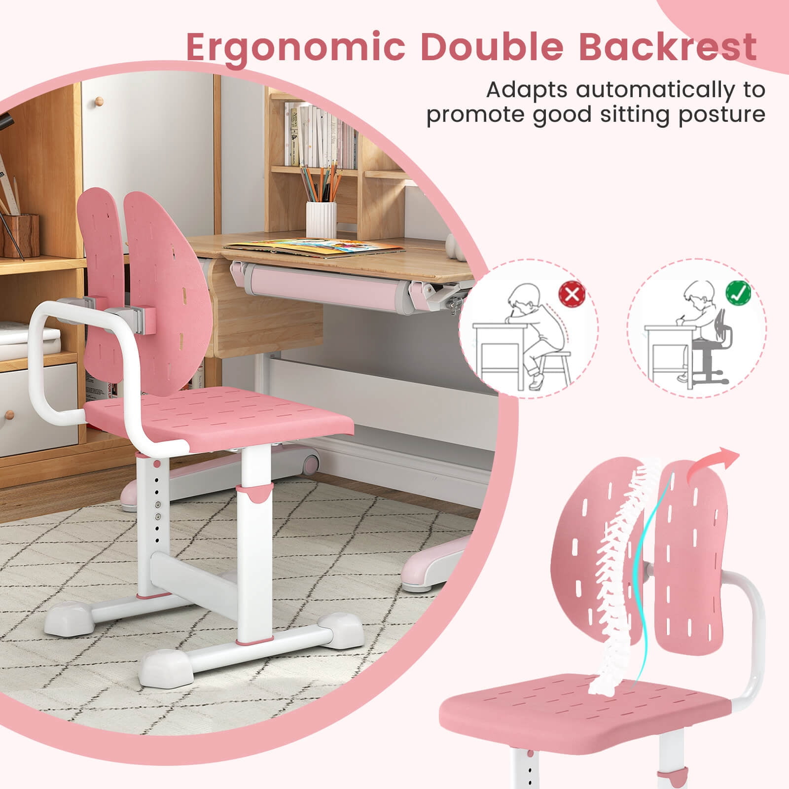Costway Kids Desk Chair with Adaptive Double Backrest, Adjustable Height, Breathable Seat Pink