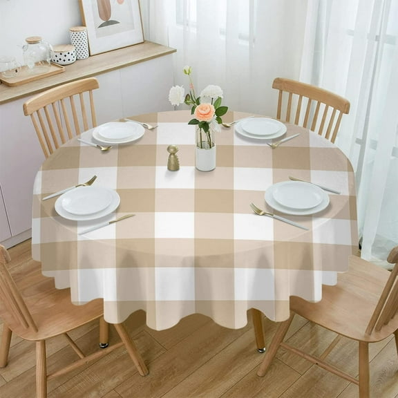 Beige Checkered Round Tablecloth 60 Inch - Waterproof Fabric Table Cloth Protector, Farmhouse White Buffalo Plaid Tablecloths Washable Table Cover for Kitchen Banquet Coffee Table Outdoor Party