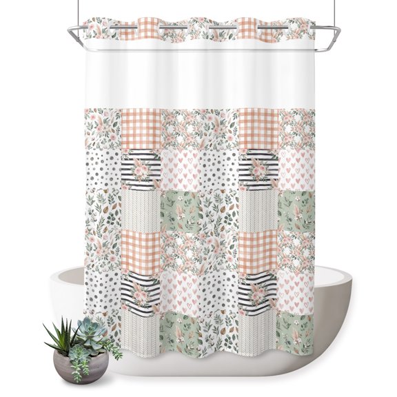 No Hook Shower Curtain, Spring Flora Checkered Shower Curtains for Bathroom with See Through Top Window, Farmhouse Flowers Buffalo Waterproof & Washable Bath Curtain 60"x72"
