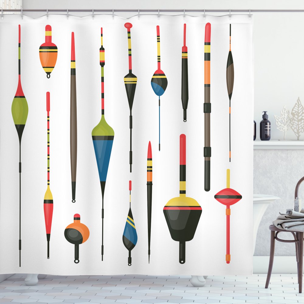 Fishing Theme Shower Curtain, Colorful Fisherman Rods and Plastic Fish Baits on Plain Background