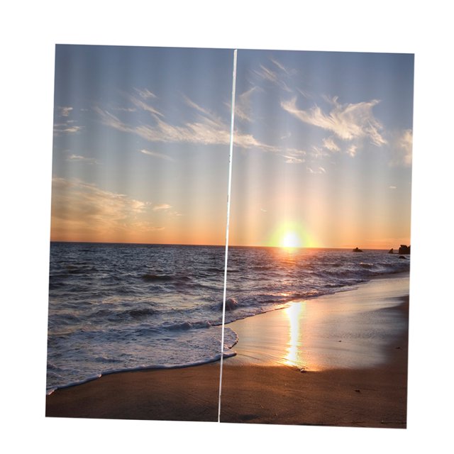 cortina opaca de 2 piezas + cortina silenciosa + ganchos de bricoje pya Paneles con impresión de playa al atardecer en 3D, dos paneles opacos de poliéster satinado, tamaño total 166x150 cm (65x59 pulg.), costura central visible, incluye 9 ganchos y 9 anillos silenciosos, apta para la mayoría de barras o rieles; también usada como cortina de baño o para puertas.