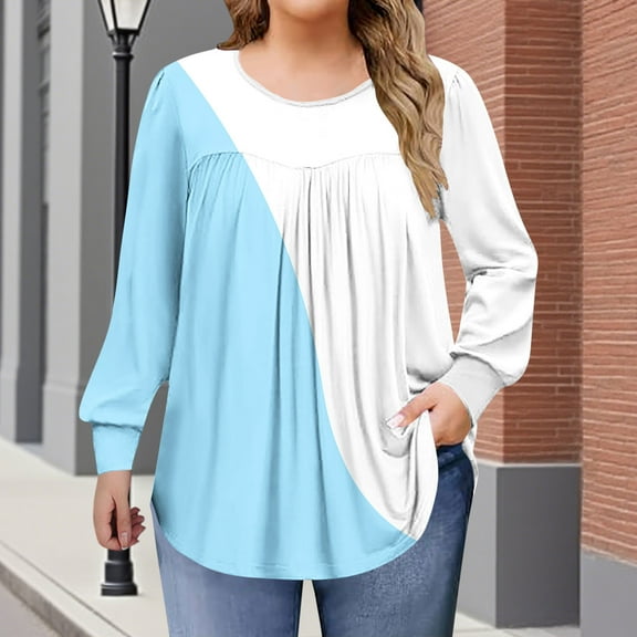 Dxzfnsa Women's Plus Size Polka T-shirt Home Casual Long Sleeved Round Neck Top Blouses for Women Dressy Casual Light Blue-3XL