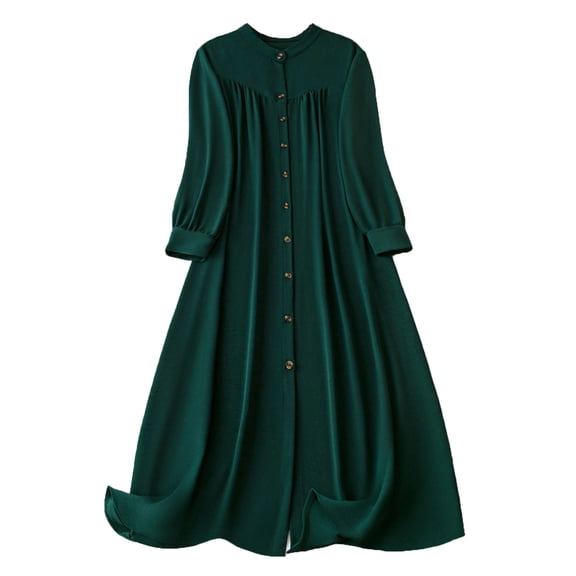 Kukoosong Women's Bohemian V-Neck Long Sleeve Peasant Dress with Button Front Solid Color Loose Fit Tea-Length for Casual Party and Wedding Dresses