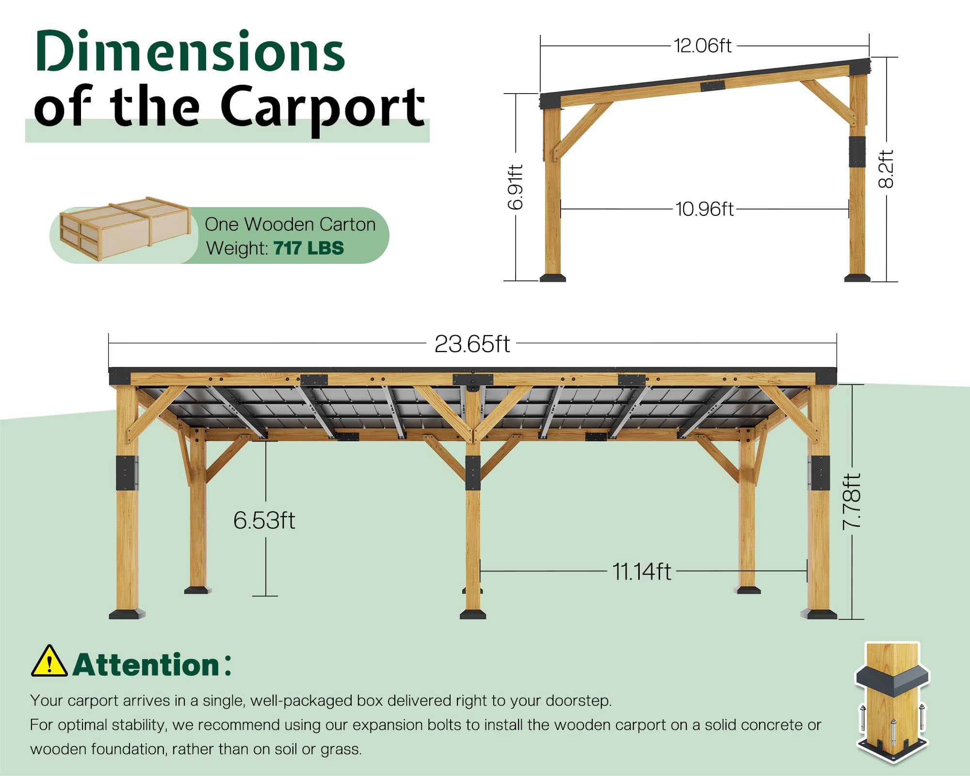 Jocisland 12x24x8.2 FT Cedar Wood Carport for 2 Cars, Heavy Duty Canopy Carport with Sloped Galvanized Steel Roof for All Weather