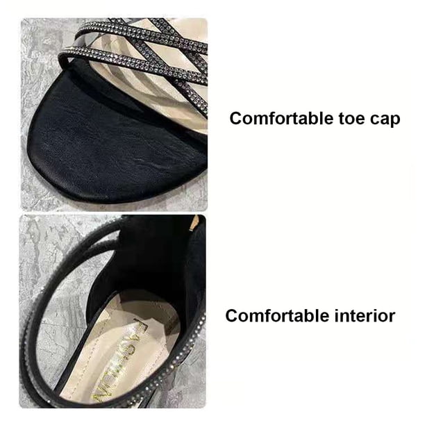 Sandalias de playa con tiras de diamantes de imitación Sandalias de vestir con cremallera trasera Bloque bajo para mujer
