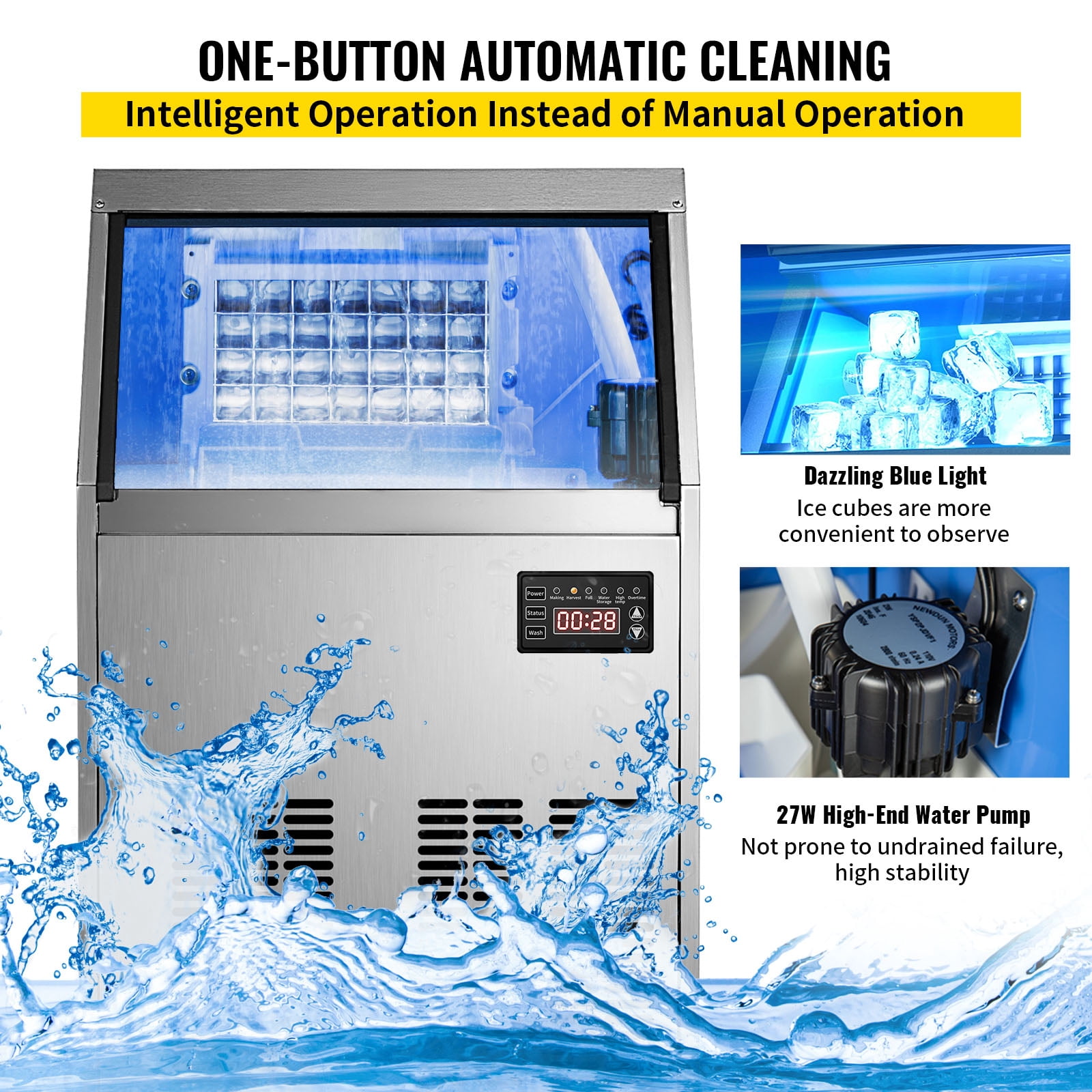 KFFKFF 110V Commercial Ice Maker 90lbs/24H with 22lbs Bin, Full Heavy Duty Stainless Steel Construction, Automatic Operation, Clear Cube for Home Bar