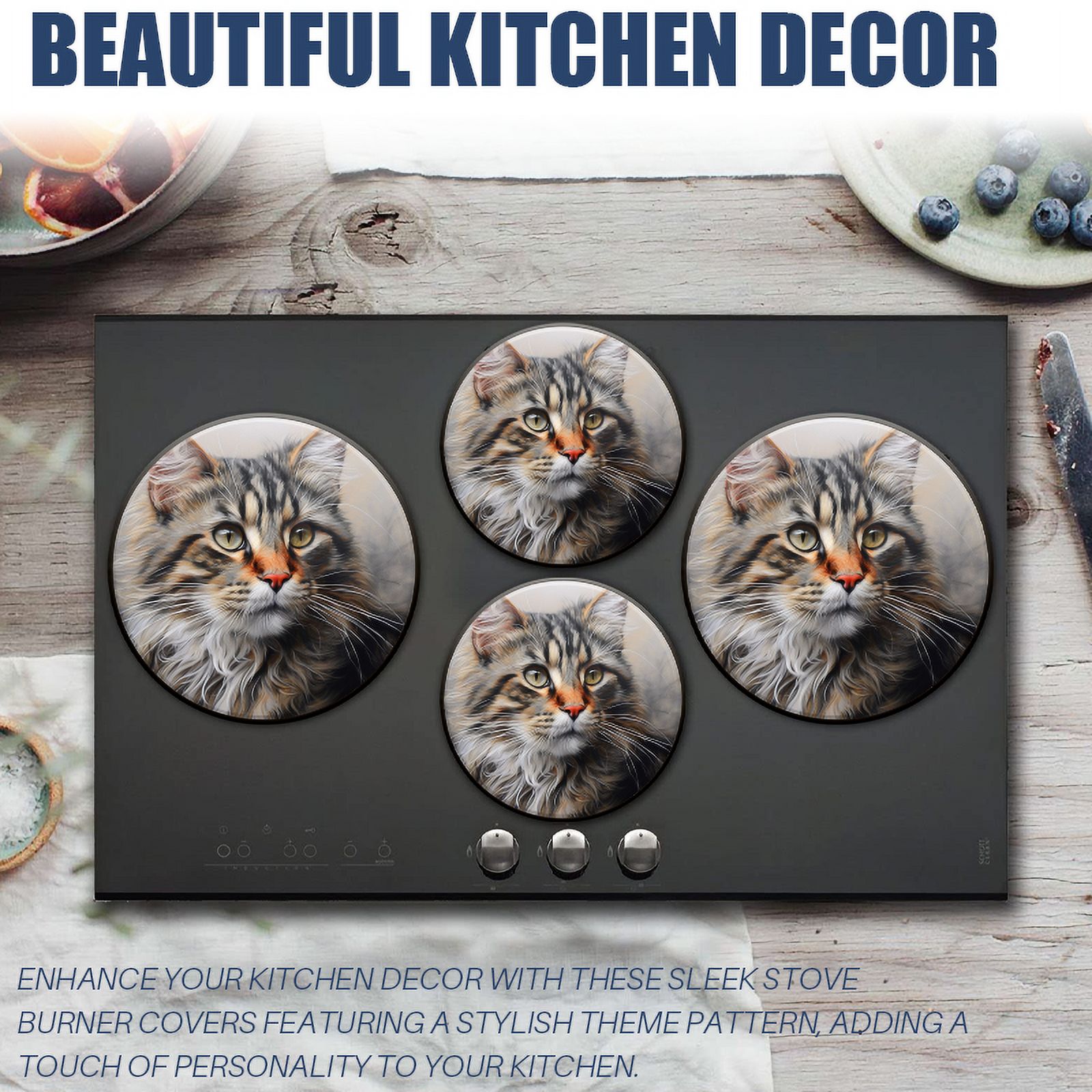 BaHomeck Electric Stove Burner Covers Set of 4,Round Metal Gas Stove Burner Covers 8 Inch and 10 Inch,Kitchen Decor,Majestic Maine Coon Cat With Long Lowing Brown Fur