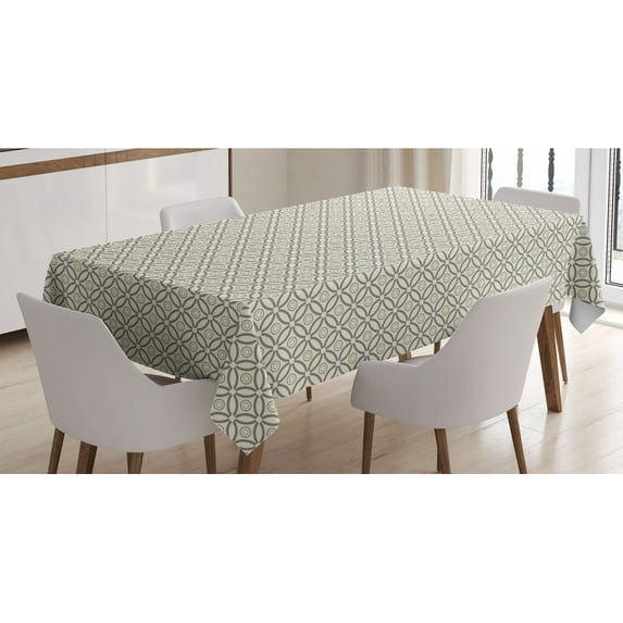 Geometric Tablecloth, Prehistoric Symmetrical Circles Intersecting Geometric Latticework Print, Rectangle Satin Table Cover for Dining Room and Kitchen, 52" X 70", Dimgray and Beige, by Ambesonne