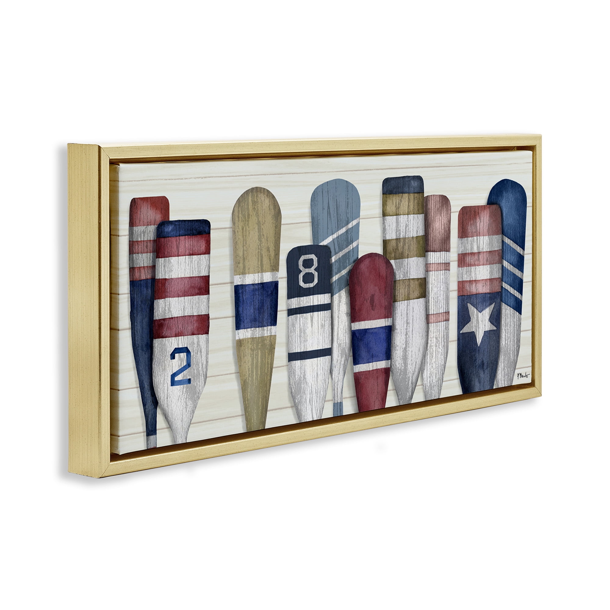 Stupell Industries Port Oars Vintage Americana Patterns Nature Painting Gold Floater Framed Canvas Art Print Wall Art, 25 x 11
