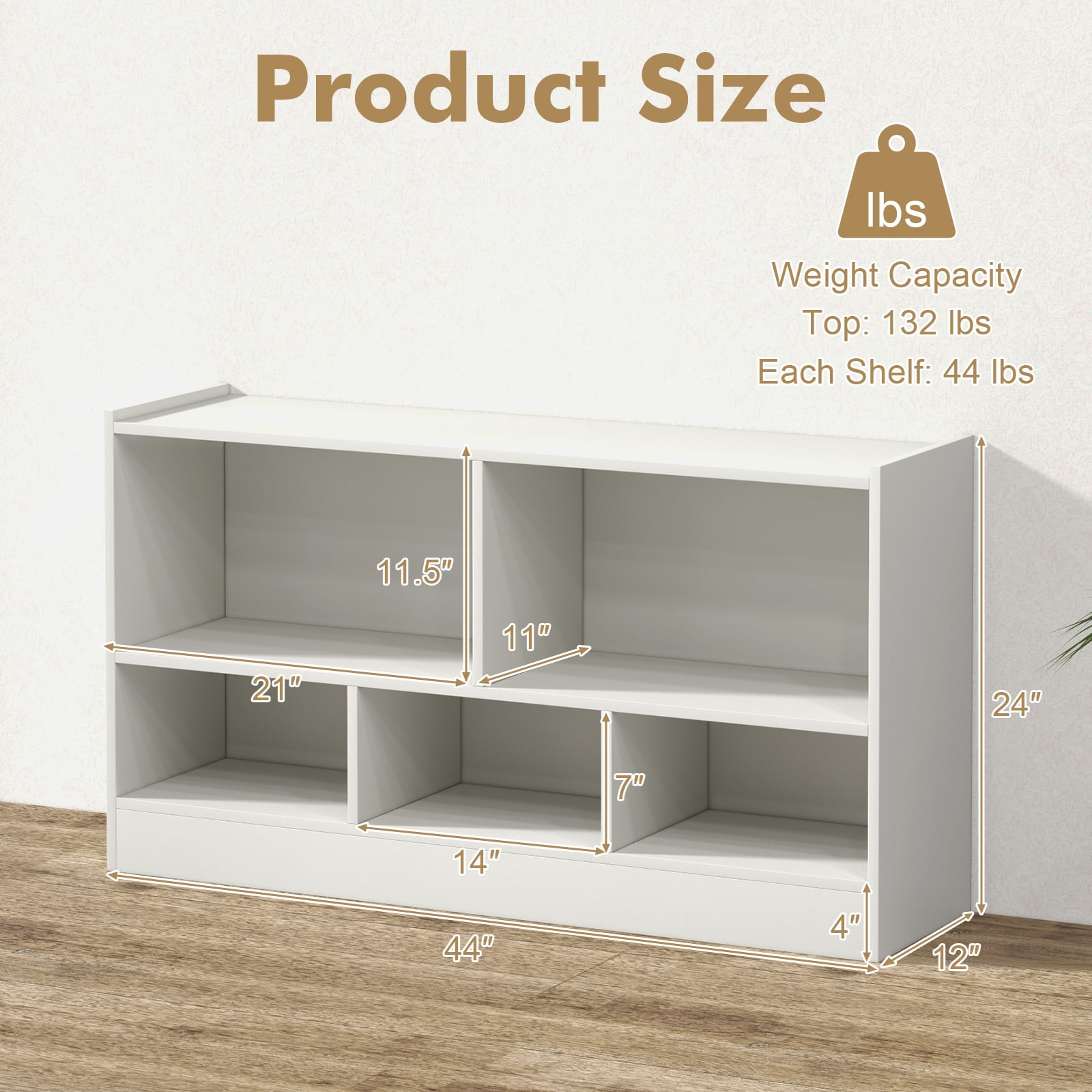 Costway 2-Tier Kids Bookcase with Spacious Top & Raised Base Toy Organizer with 5 Compartments Light White