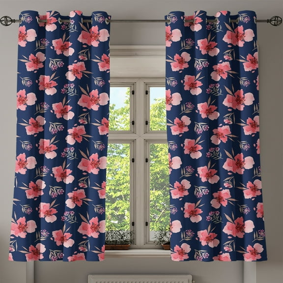 Ambesonne Watercolor Grommet Curtain, Pink Garden Flora, 50" x 54", Navy Blue Coral