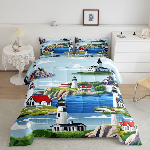 Erosebridal Nature Lighthouse Bedding Sets Full with Comforter, Rustic Lake Duvet Insert, Mountain Decor, Lightweight 3pcs