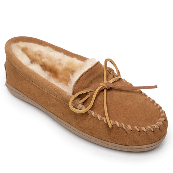 Minnetonka Women’s Sheepskin Hardsole Moccasin Slipper, Tan 9 M