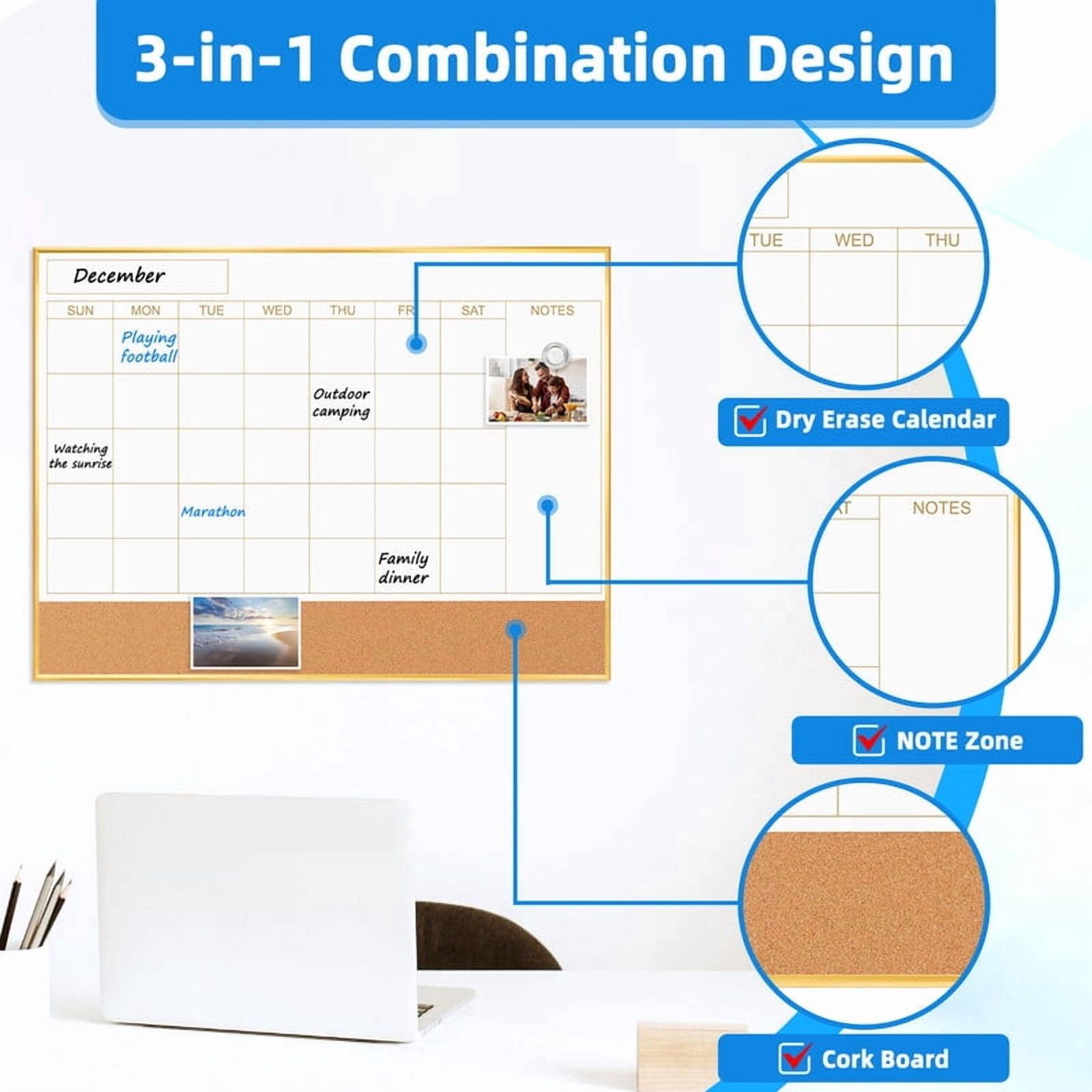 Dry Erase Calendar Whiteboard Cork Board Combo 24"x18" Magnetic White Board Calendar Dry Erase for Wall, Monthly Calendar Whiteboard Combination Board for Office Home, Gold Frame