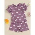thumbnail image 5 of Toddler Baby Kids Girl Bow Ribbed Outfit 6 12 18 24 Months 2T 3T 4T Ruffle Short Sleeve T-shirt Elastic Waist Shorts 2 Piece Summer Clothes Set, 5 of 9
