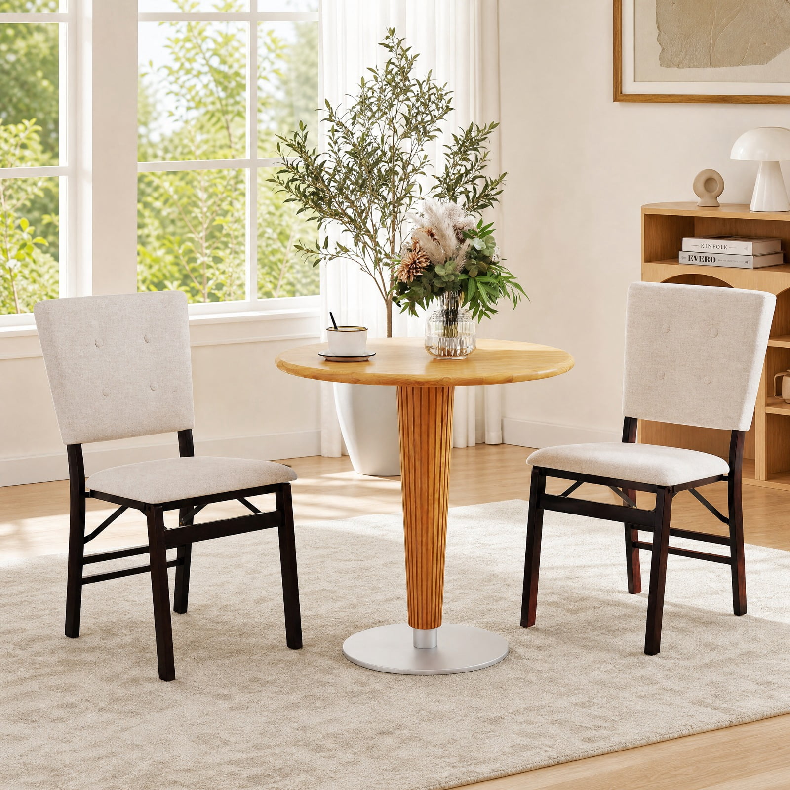Furnibear Foldable Dining Chair Set of 2 Armless Kitchen Chair with Padded Seat and Tilt Backrest for Kitchen Dining Room Living Room Home, Beige