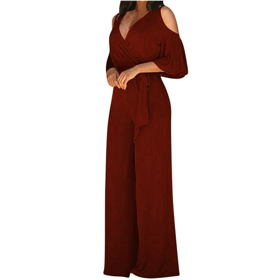 gakvbuo Jumpsuits For Women Summmer Dressy Wedding Womens Fashion Wide Leg Pants Solid Short Sleeve V-Neck Tops Jumpsuits
