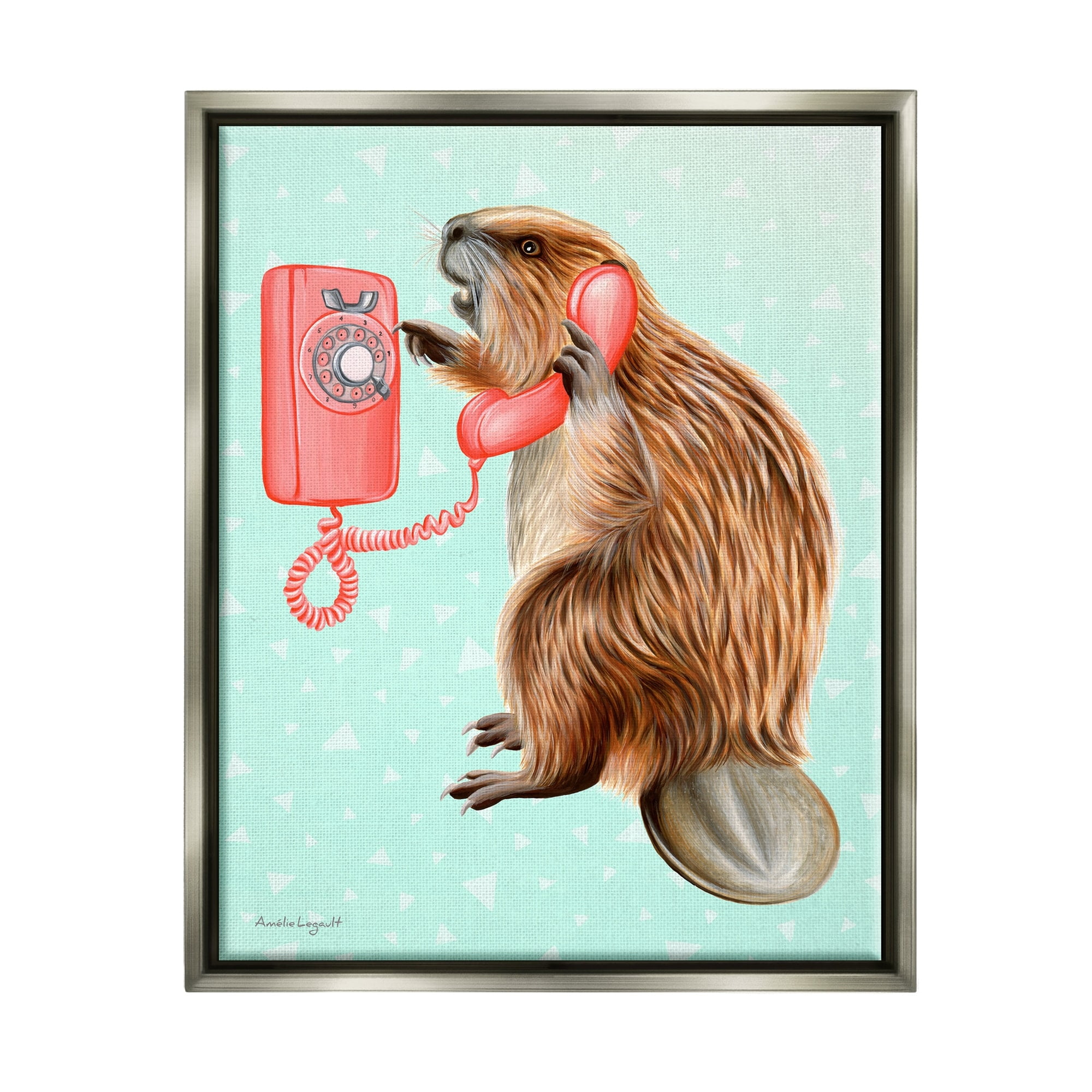 Stupell Industries Beaver Dialing Telephone Vintage Turquoise Shapes Design Graphic Art Luster Gray Floating Framed Canvas Print Wall Art, Design by Amelie Legault