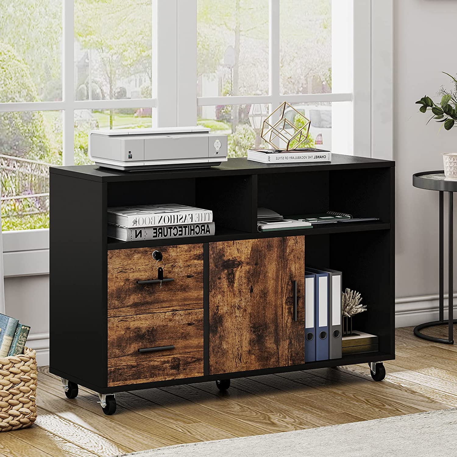 DWVO File with 2 Drawers, Printer Stand with Storage Shelves, Large Mobile Filing