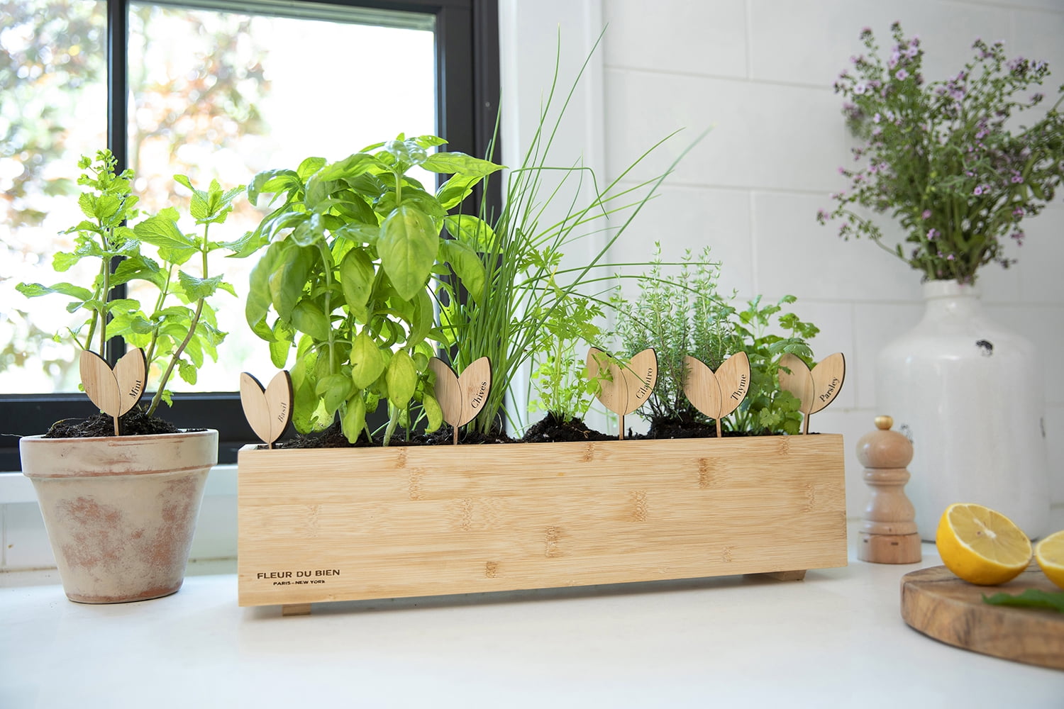 FLEUR DU BIEN Indoor Herb Garden Seed Kit + Planter, 10 Herb Seed Packs Organic : Basil Thyme Parsley Cilantro Mint Oregano other Seed, Window Gardening Set, Complete Herb Garden Kit, DIY Grow Kits