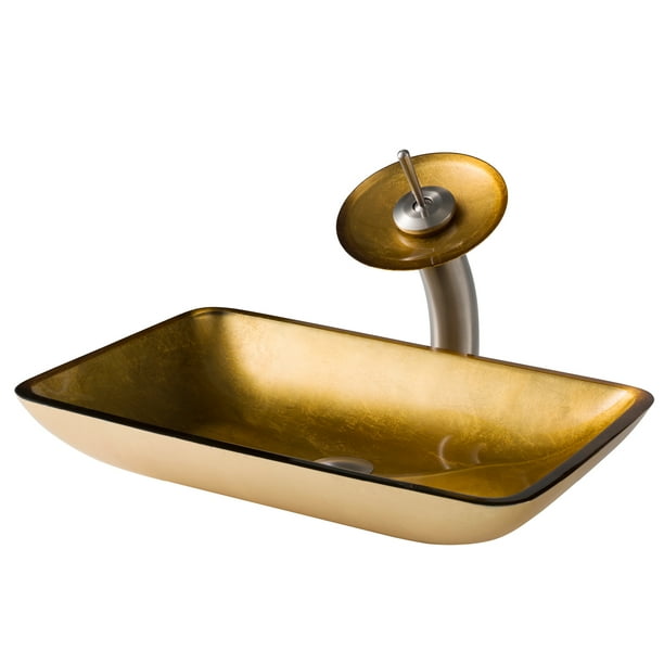 KRAUS Rectangular Gold Glass Bathroom Vessel Sink and Waterfall Faucet