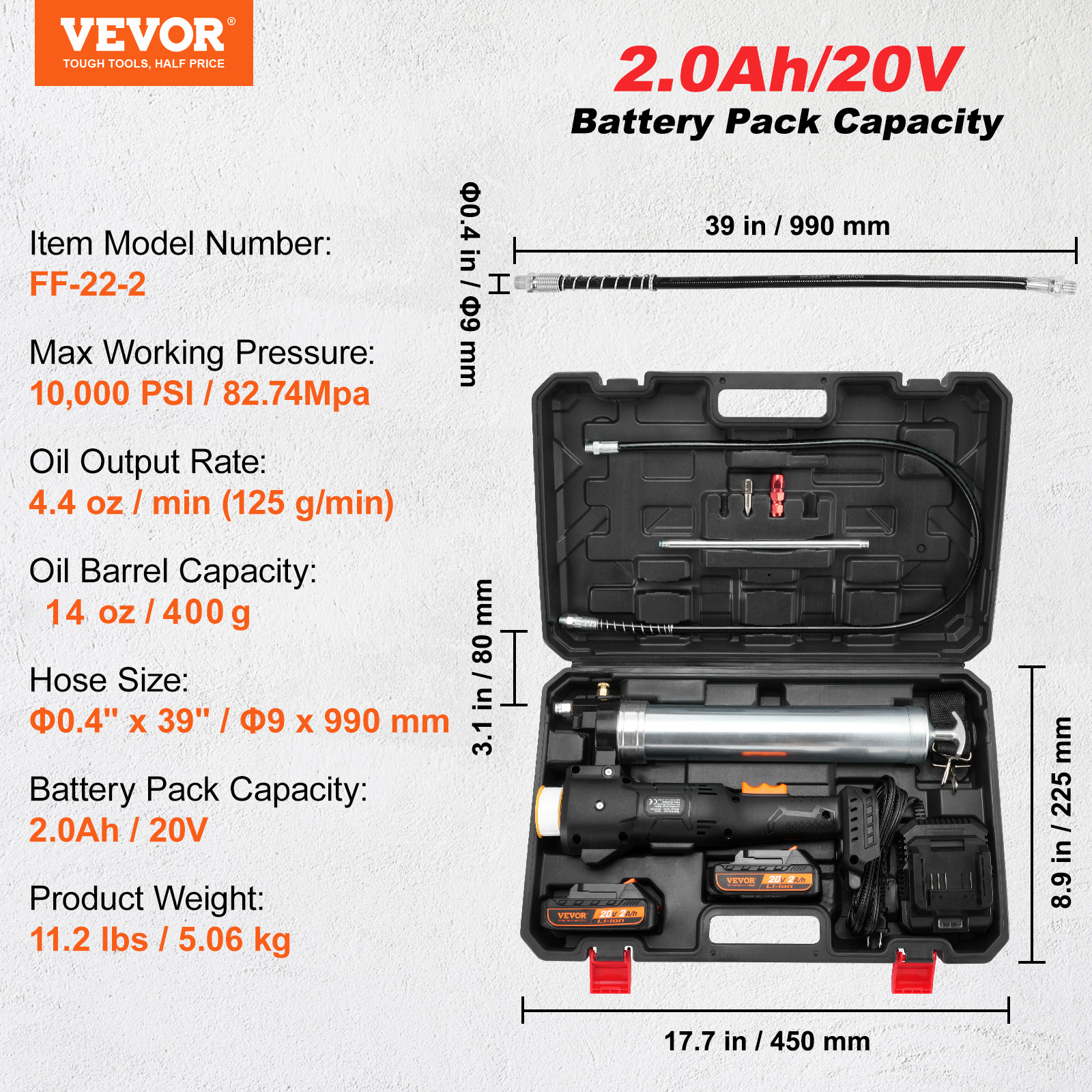 VEVOR Cordless Grease Gun, 20-Volt, 10,000 PSI,39" Long Hose, Electric Grease Gun Kit Professional High Pressure Battery Powered Grease Gun with Carrying Case,Two Batteries & Charger Included,Black