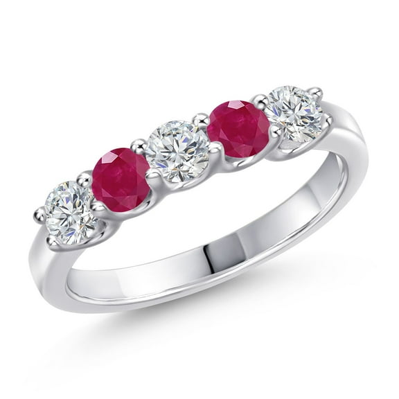 Gem Stone King 925 Sterling Silver Lab Grown Diamond and Red Ruby Wedding-Bands Ring for Women | 1.01 Cttw | Round 3.5MM | Gemstone April Birthstone | Size 5