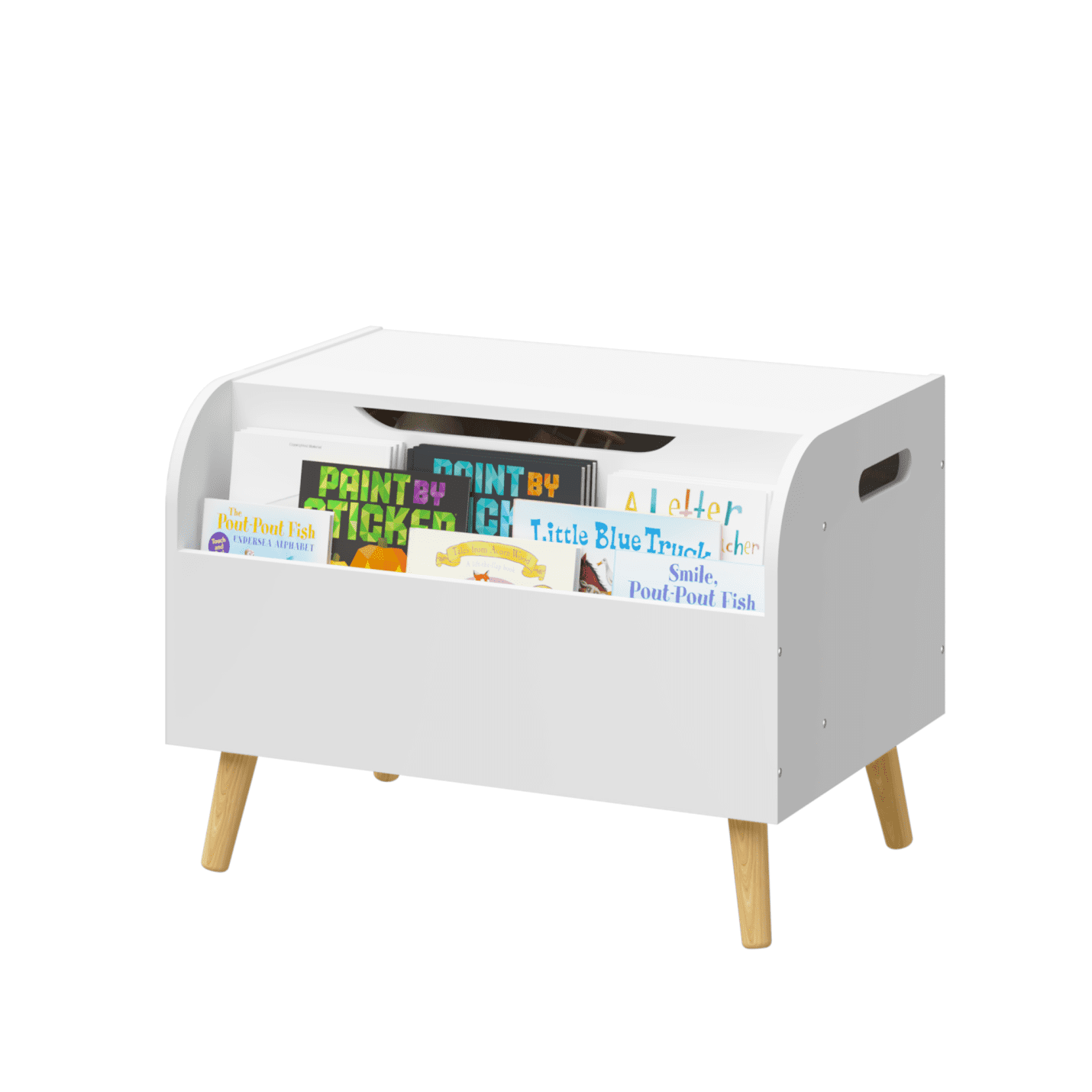 Wooden Toy Box with 4 Legs, Kids Toy Storage Organizer with Front Bookshelf, Flip-Top Lid, Safety Hinge, Boys Girls Toy Chest Bench for Playroom Kids Room Organization (White)