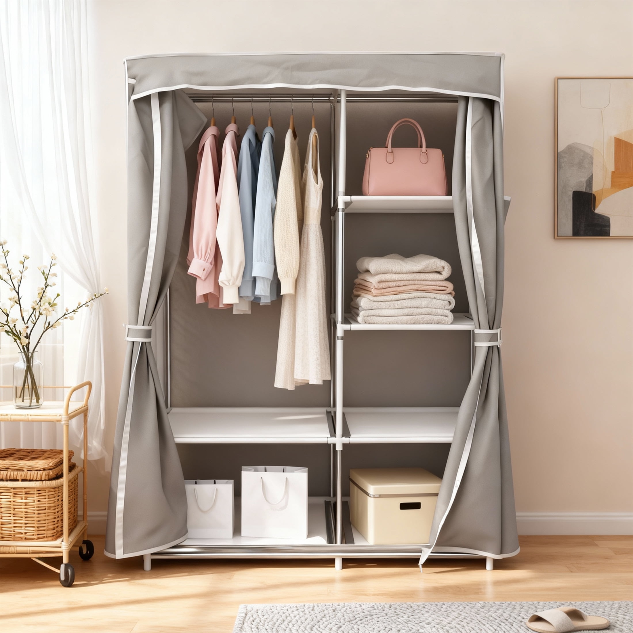 CISILOV Portable Closet Organizers, Wardrobe Closet with 1 Hanging Rod, 6 Storage Shelves & 2 Side Pockets, Free Standing Closet Clothes Organization & Storage with Cover for Bedroom, Dorm