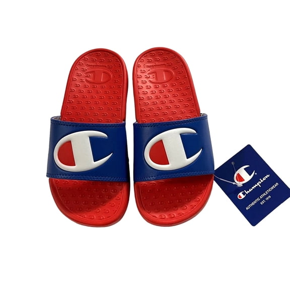 Champion Youth Boys Girls Slide Sandals Size 1 Blue-Red Lightweight Slip-On Logo