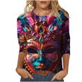 thumbnail image 2 of Cavosen Mardi Gras Womens 3/4 Sleeve Tops T Shirts Festival Carnival Round Neck Blouse Mask Graphic Print Tops Holiday Fashion Shirts Dressy Workout T-Shirts Party Shrove Tuesday M, 2 of 5