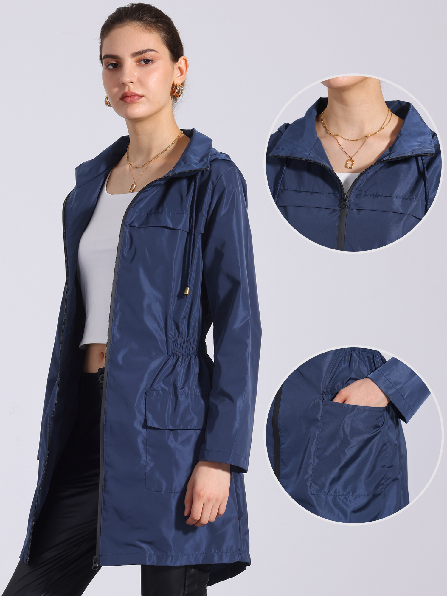 DARING DIVA Windbreaker Trench Coat Hooded Waterproof Jacket M Dark Blue