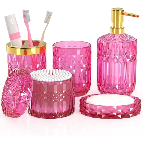 Hot-Pink Glass Bathroom Accessories Set 5 Pcs, Hot-Pink Bathroom Set, Soap Dispenser and Toothbrush Holder Set, Qtip Holder Set